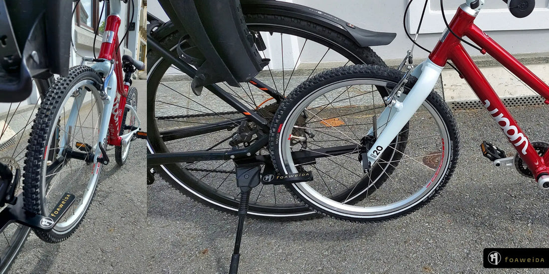 geteiltes Bild mit Ansicht von vorne und der Seite auf rotes Kinderfahrrad eingeklickt in foaweida der an KSA montiert ist