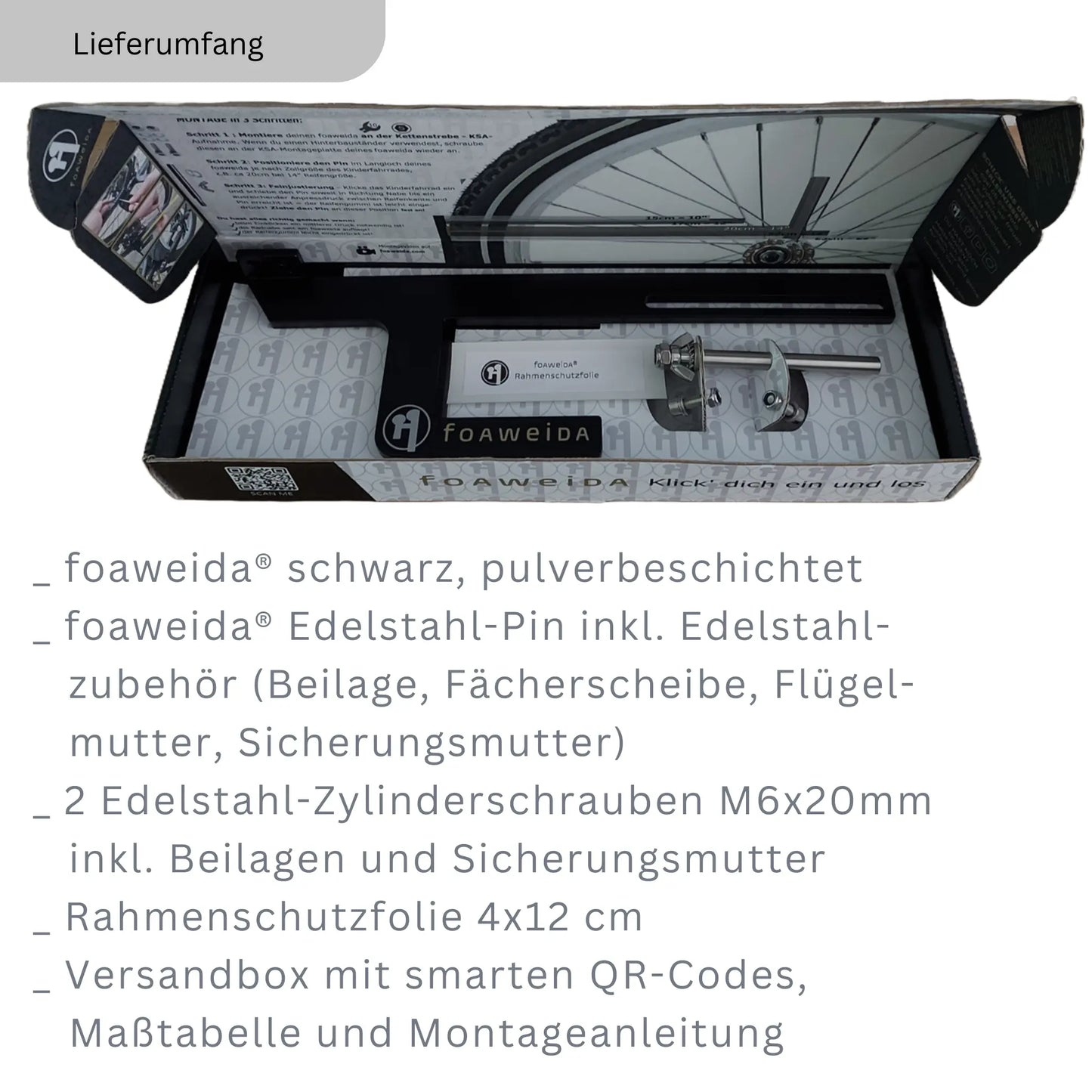 Produkt in Verpackung, Lieferumfang Produkt und Zubehörteile