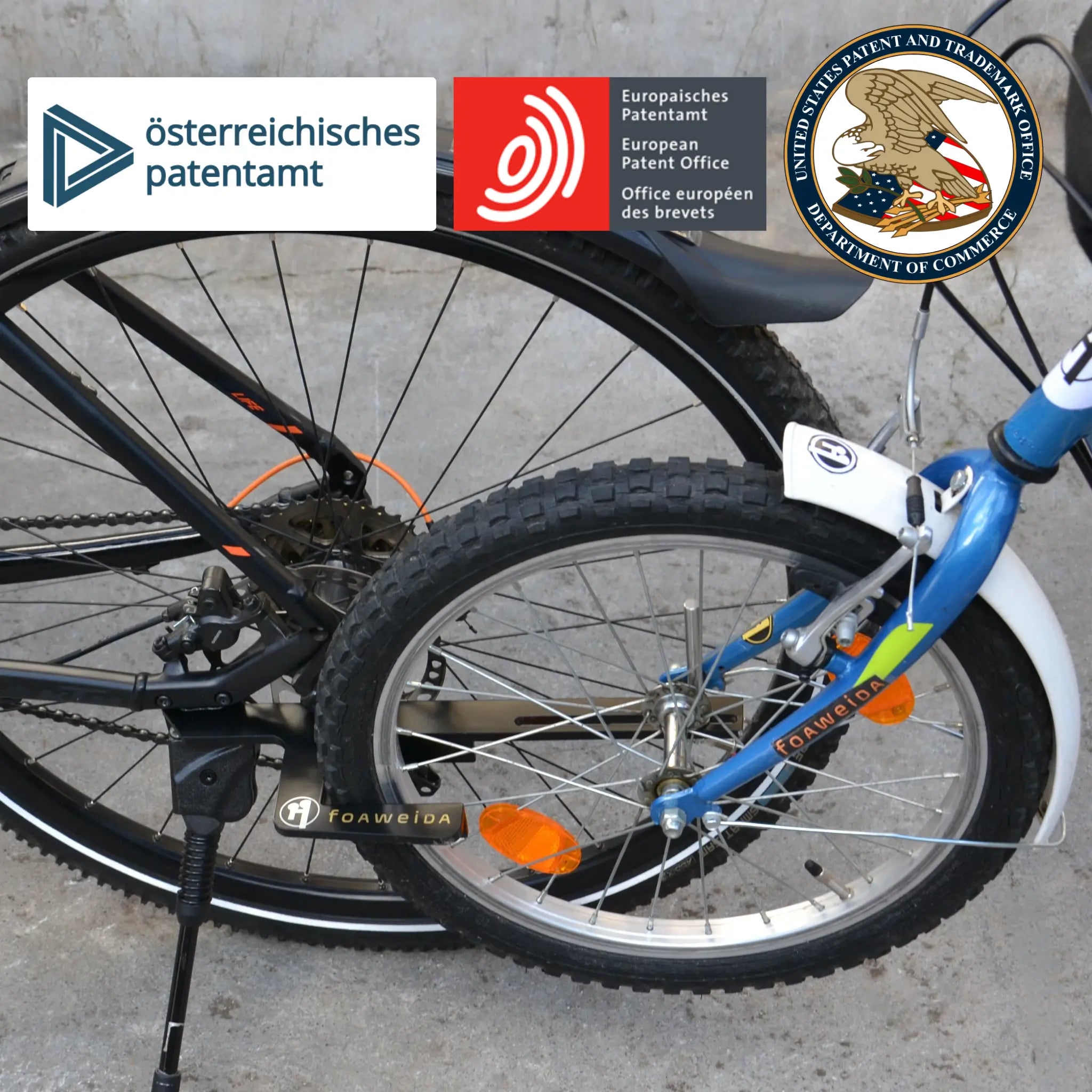 Mit der patentierten Foaweida Technologie ist das Kinderfahrrad oder Laufrad stabil am Fahrrad oder E Bike festgelegt