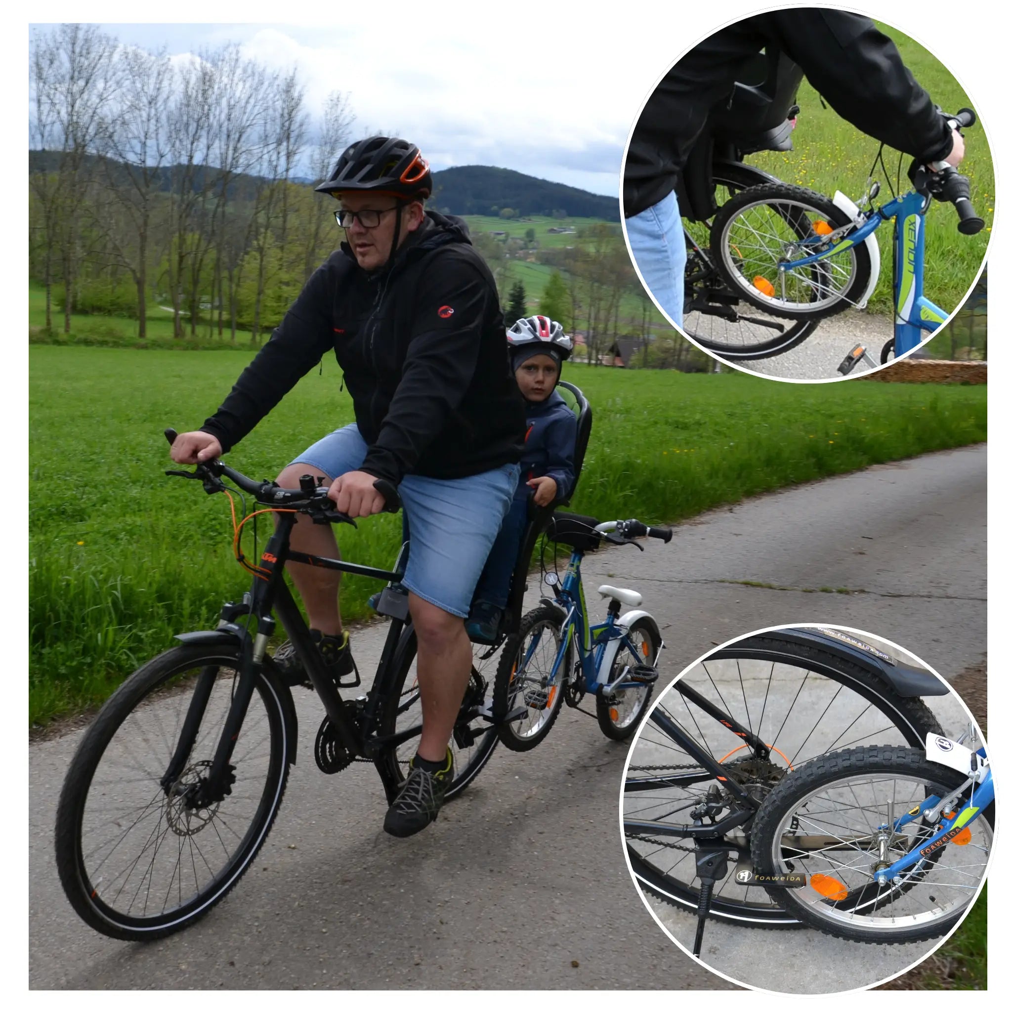 Mit der besten Lösung am Markt, dem Foaweida Mitnehmsystem, Kinderfahrrad oder Laufrad mit Fahrrad oder E Bike mitnehmen.